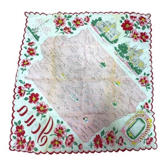 Vtg Retro Ladies Hankie Handkerchief Scalloped Edge Hibiscus Iowa State Map READ - Picture 10 of 10